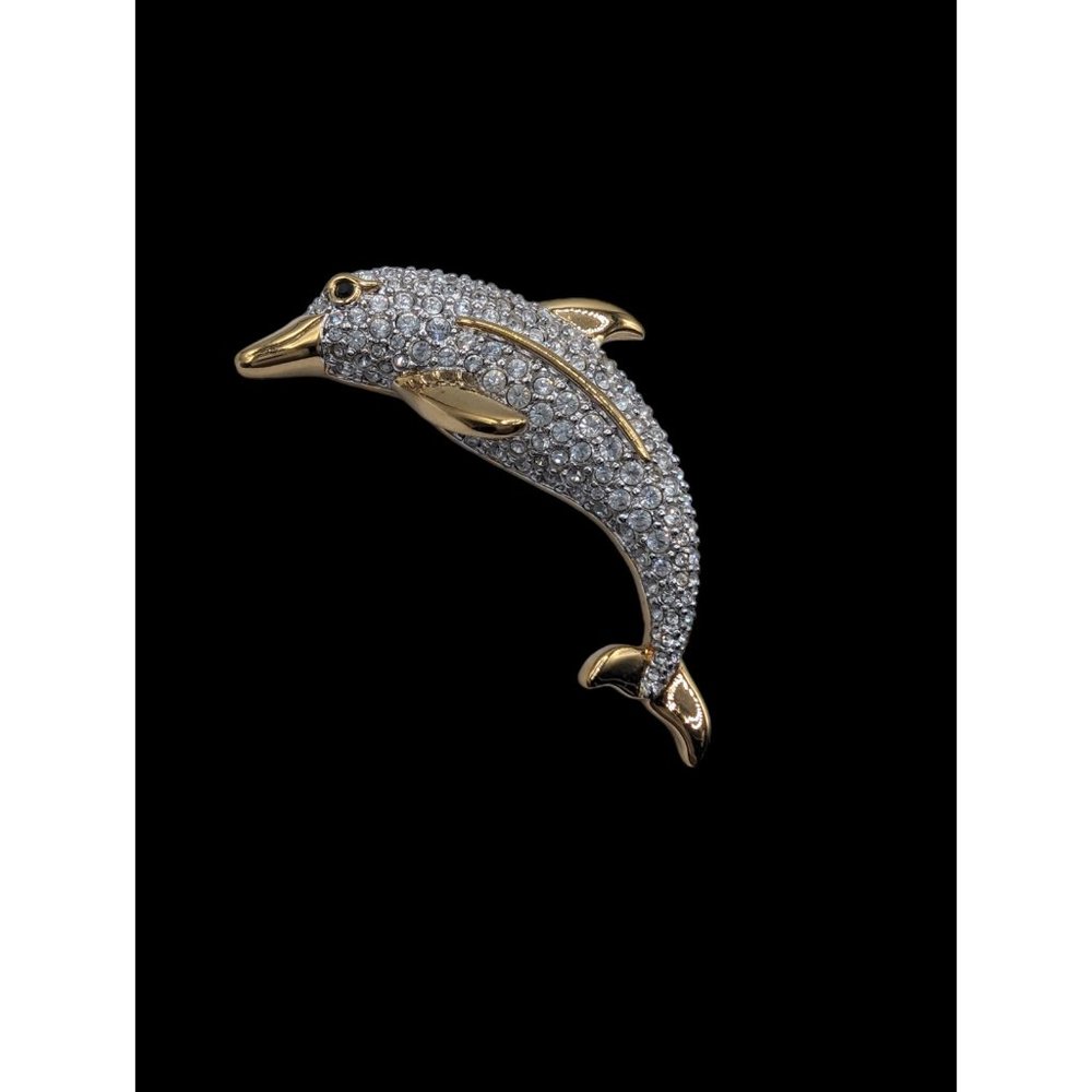 Swarovski Gold Tone Clear Crystals Gemstone Decorated Dolphin Brooch Pin - Picture 4 of 9